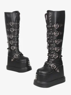Bottes Gothic Lolita en cuir PU à bout rond et talon compensé noir