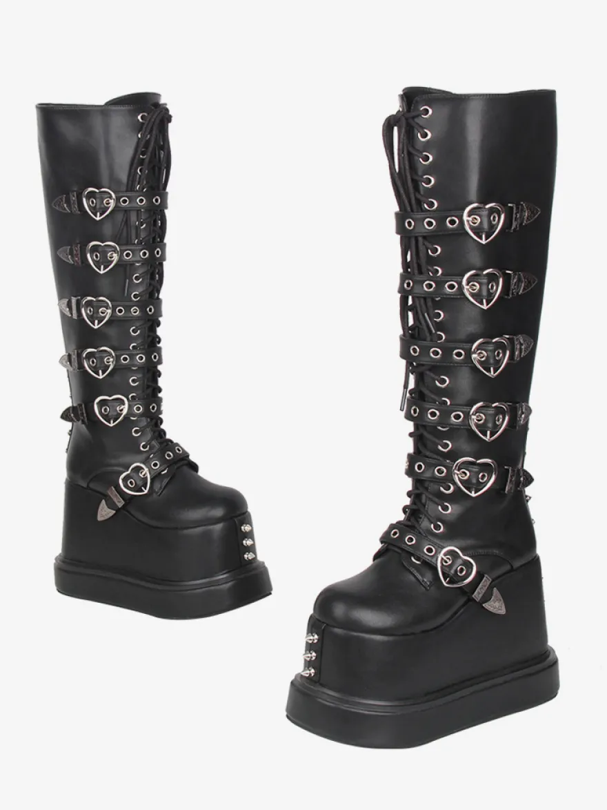 Bottes Gothic Lolita en cuir PU à bout rond et talon compensé noir