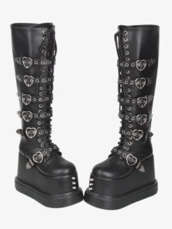 Bottes Gothic Lolita en cuir PU à bout rond et talon compensé noir