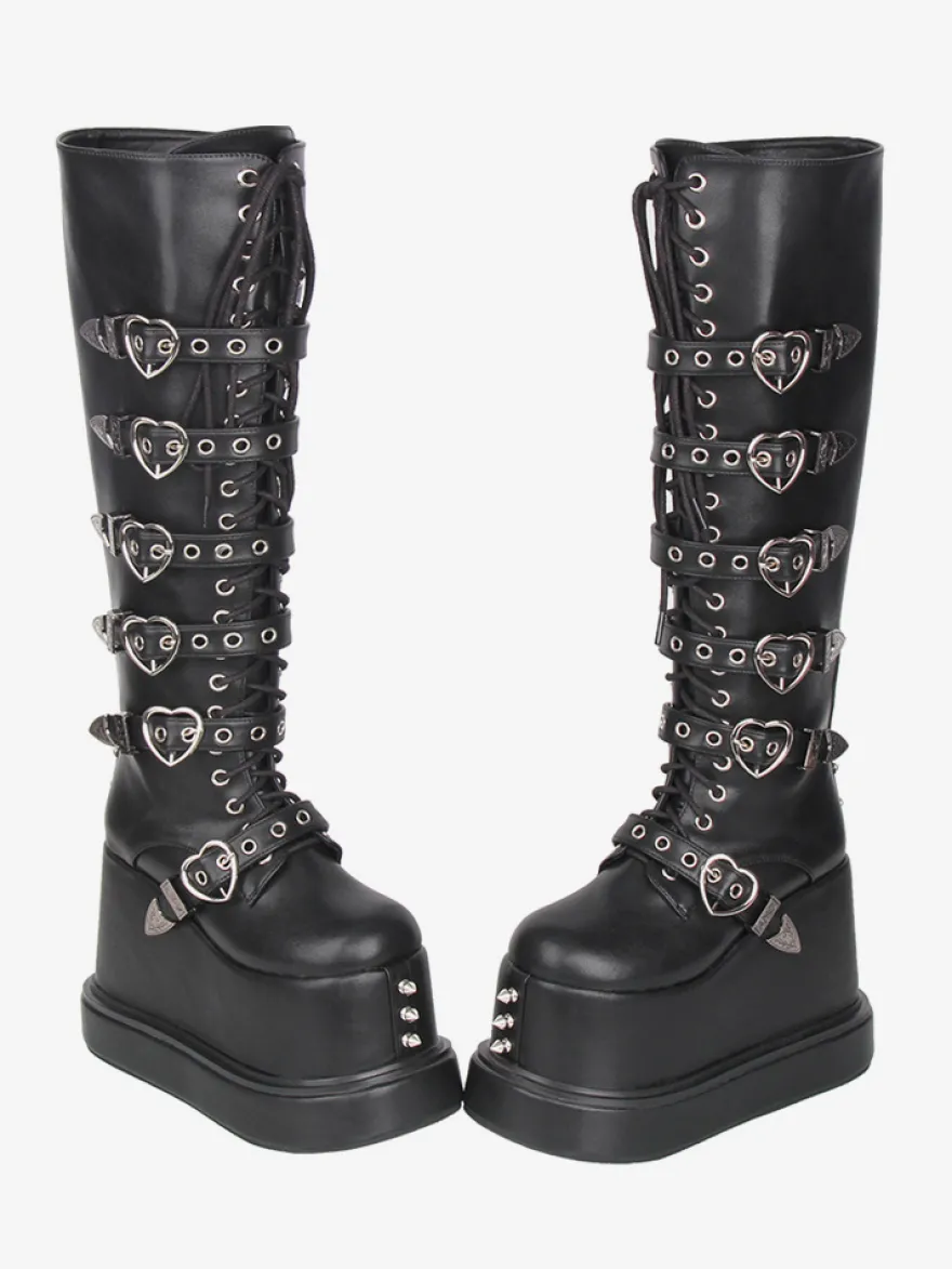 Bottes Gothic Lolita en cuir PU à bout rond et talon compensé noir