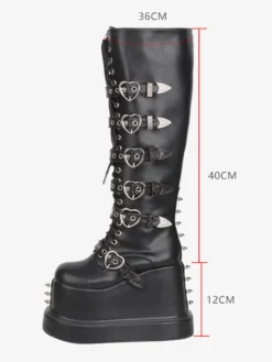 Bottes Gothic Lolita en cuir PU à bout rond et talon compensé noir