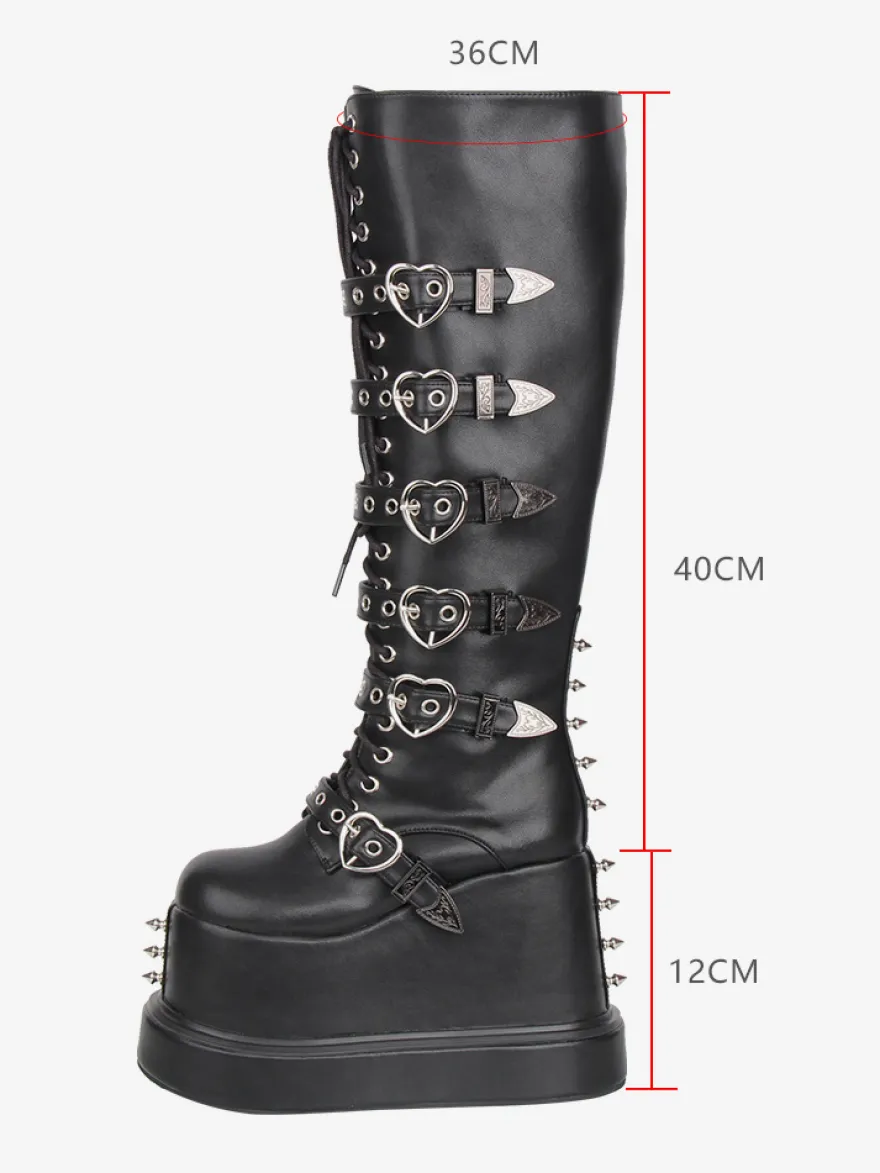 Bottes Gothic Lolita en cuir PU à bout rond et talon compensé noir