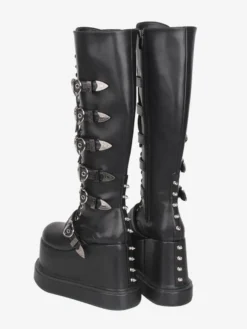 Bottes Gothic Lolita en cuir PU à bout rond et talon compensé noir