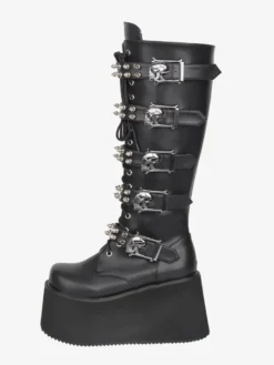 Bottes Gothic Lolita en cuir PU bout rond talon compensé noir