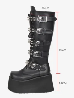 Bottes Gothic Lolita en cuir PU bout rond talon compensé noir