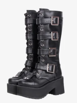 Bottes Gothic Lolita noires à bout rond en cuir PU à talon épais montantes jusqu'aux genoux