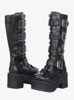 Bottes Gothic Lolita noires à bout rond en cuir PU à talon épais montantes jusqu'aux genoux