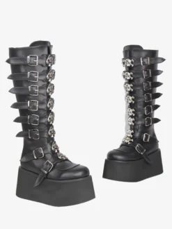 Bottes Gothic Lolita noires en PU à bout rond et talon compensé chaussures Lolita à plateforme