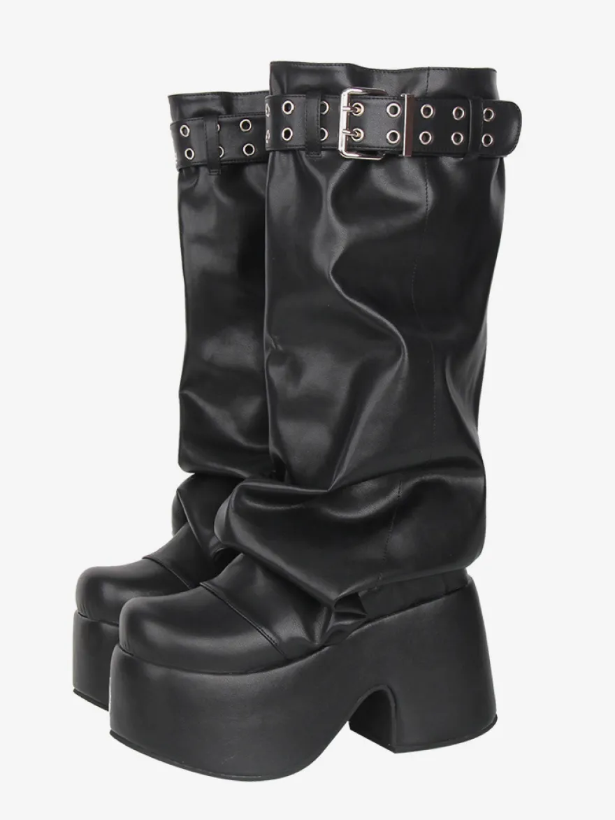 Bottes Gothic Lolita noires en PU à bout rond et talon compensé en cuir PU