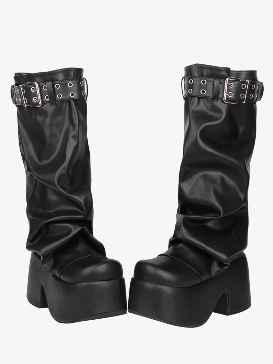Bottes Gothic Lolita noires en PU à bout rond et talon compensé en cuir PU