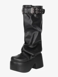 Bottes Gothic Lolita noires en PU à bout rond et talon compensé en cuir PU
