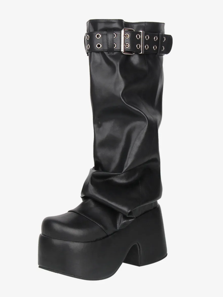 Bottes Gothic Lolita noires en PU à bout rond et talon compensé en cuir PU