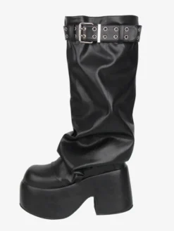 Bottes Gothic Lolita noires en PU à bout rond et talon compensé en cuir PU