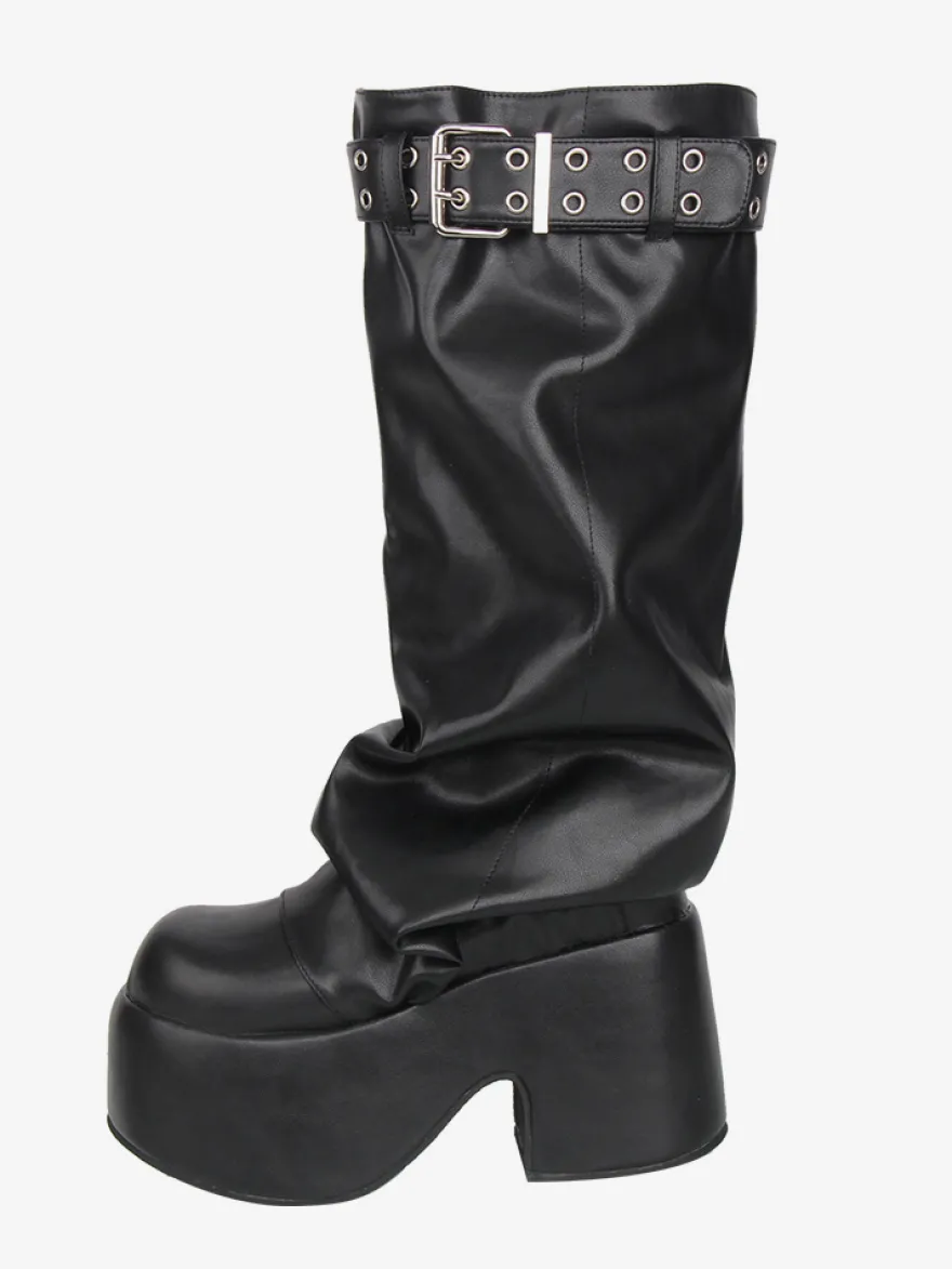 Bottes Gothic Lolita noires en PU à bout rond et talon compensé en cuir PU