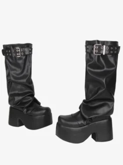 Bottes Gothic Lolita noires en PU à bout rond et talon compensé en cuir PU