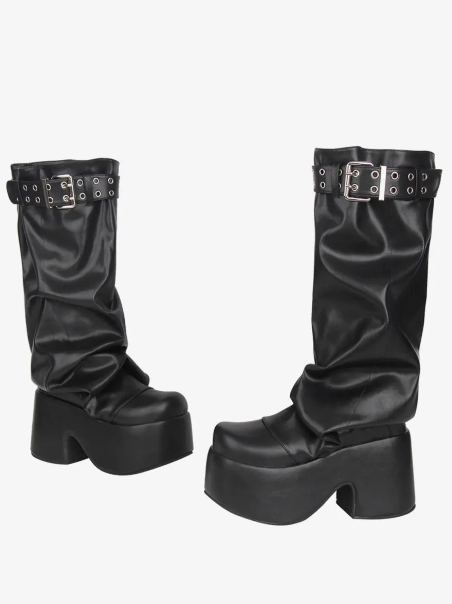 Bottes Gothic Lolita noires en PU à bout rond et talon compensé en cuir PU