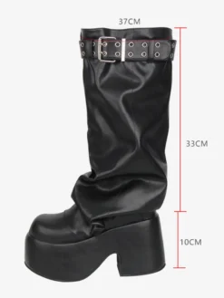 Bottes Gothic Lolita noires en PU à bout rond et talon compensé en cuir PU