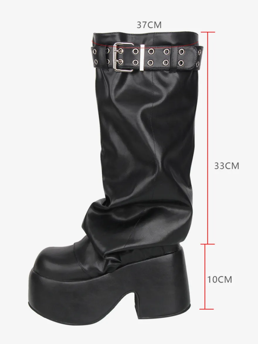Bottes Gothic Lolita noires en PU à bout rond et talon compensé en cuir PU