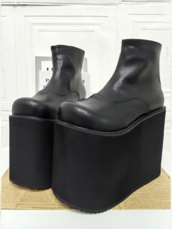 Bottes Gothic Lolita à plateforme bout rond en cuir PU noir hauteur cheville