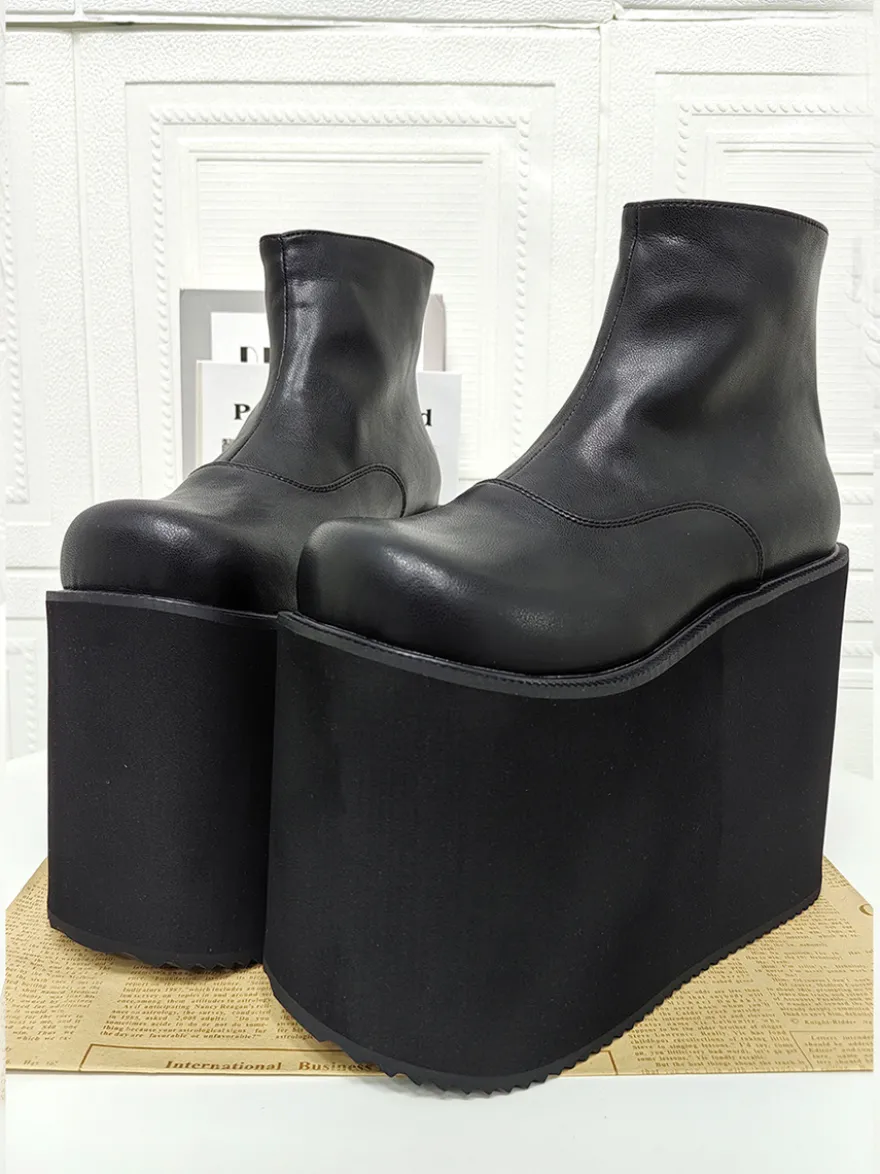 Bottes Gothic Lolita à plateforme bout rond en cuir PU noir hauteur cheville