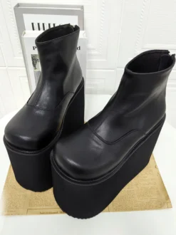 Bottes Gothic Lolita à plateforme bout rond en cuir PU noir hauteur cheville