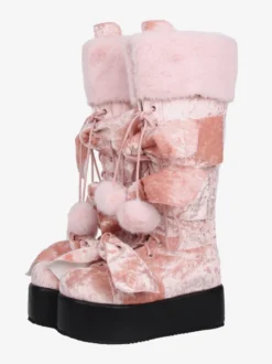 Bottes Gothic Lolita roses en PU à bout rond et talon compensé en éponge hautes jusqu'aux genoux
