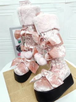 Bottes Gothic Lolita roses en PU à bout rond et talon compensé en éponge hautes jusqu'aux genoux