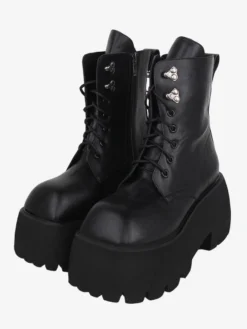 Bottes gothiques Lolita avec œillets noirs bout carré métallique chaussures Lolita en cuir PU