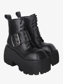 Bottes gothiques Lolita avec œillets blancs bout carré métallique chaussures Lolita en cuir PU
