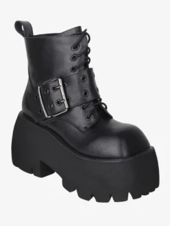Bottes gothiques Lolita avec œillets blancs bout carré métallique chaussures Lolita en cuir PU