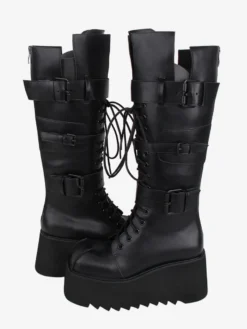 Bottes gothiques Lolita avec œillets noirs bout rond métallique chaussures Lolita en cuir PU