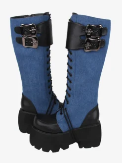 Bottes gothiques Lolita avec œillets noirs bout rond métallique chaussures Lolita en cuir PU