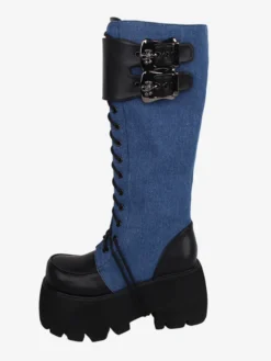 Bottes gothiques Lolita avec œillets noirs bout rond métallique chaussures Lolita en cuir PU