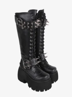 Bottes gothiques Lolita avec œillets noirs rivets bout rond métallique chaussures Lolita en cuir PU