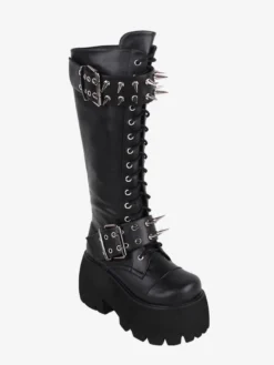 Bottes gothiques Lolita avec œillets noirs rivets bout rond métallique chaussures Lolita en cuir PU