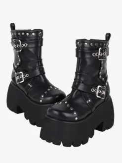 Bottes gothiques Lolita avec œillets noirs bout rond métallique chaussures Lolita en cuir PU