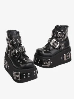Bottes gothiques Lolita Cuir PU Œillets Bout rond Chaussures Lolita noires