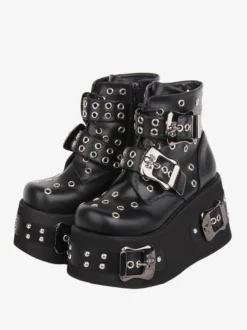 Bottes gothiques Lolita Cuir PU Œillets Bout rond Chaussures Lolita noires