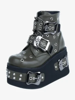 Bottes gothiques Lolita Cuir PU Œillets Bout rond Chaussures Lolita noires