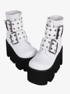 Bottes gothiques Lolita en cuir PU à bout rond chaussures Lolita blanches