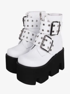 Bottes gothiques Lolita en cuir PU à bout rond chaussures Lolita blanches