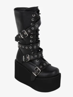 Bottes gothiques Lolita en cuir PU avec œillets métalliques bout rond chaussures Lolita noires