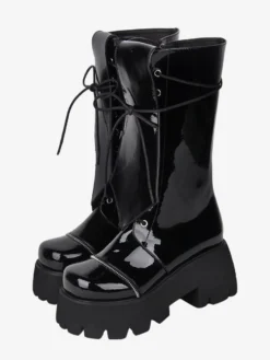 Bottes gothiques Lolita en cuir PU à lacets et bout rond chaussures noires Lolita