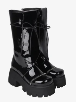 Bottes gothiques Lolita en cuir PU à lacets et bout rond chaussures noires Lolita