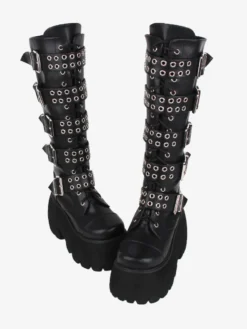 Bottes gothiques Lolita en cuir PU rivets métalliques à paillettes œillets bout rond chaussures Lolita noires