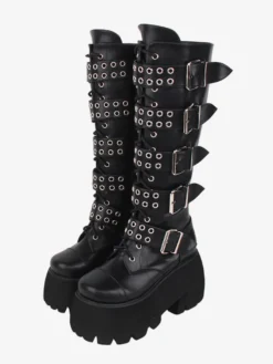 Bottes gothiques Lolita en cuir PU rivets métalliques à paillettes œillets bout rond chaussures Lolita noires