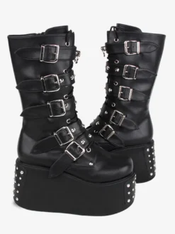 Bottes gothiques Lolita en cuir PU avec œillets métalliques bout rond chaussures Lolita noires