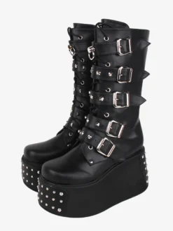 Bottes gothiques Lolita en cuir PU avec œillets métalliques bout rond chaussures Lolita noires