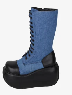 Bottes Gothiques Lolita en Cuir PU Bicolore à Lacets Bout Rond Chaussures Lolita Noires