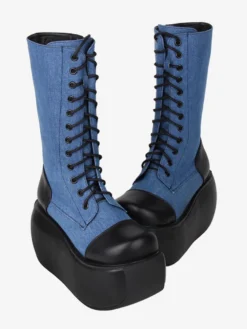 Bottes Gothiques Lolita en Cuir PU Bicolore à Lacets Bout Rond Chaussures Lolita Noires